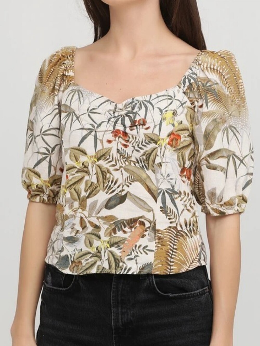 H&M White Multi Botanical Puff-Sleeve Square Neck Top